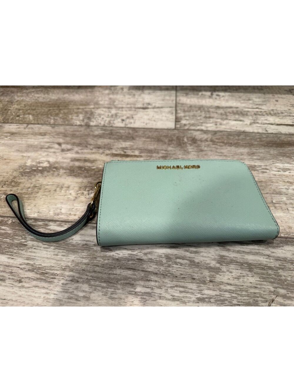 Michael Kors Mint Green Wristlet Wallet Saffiano Zip